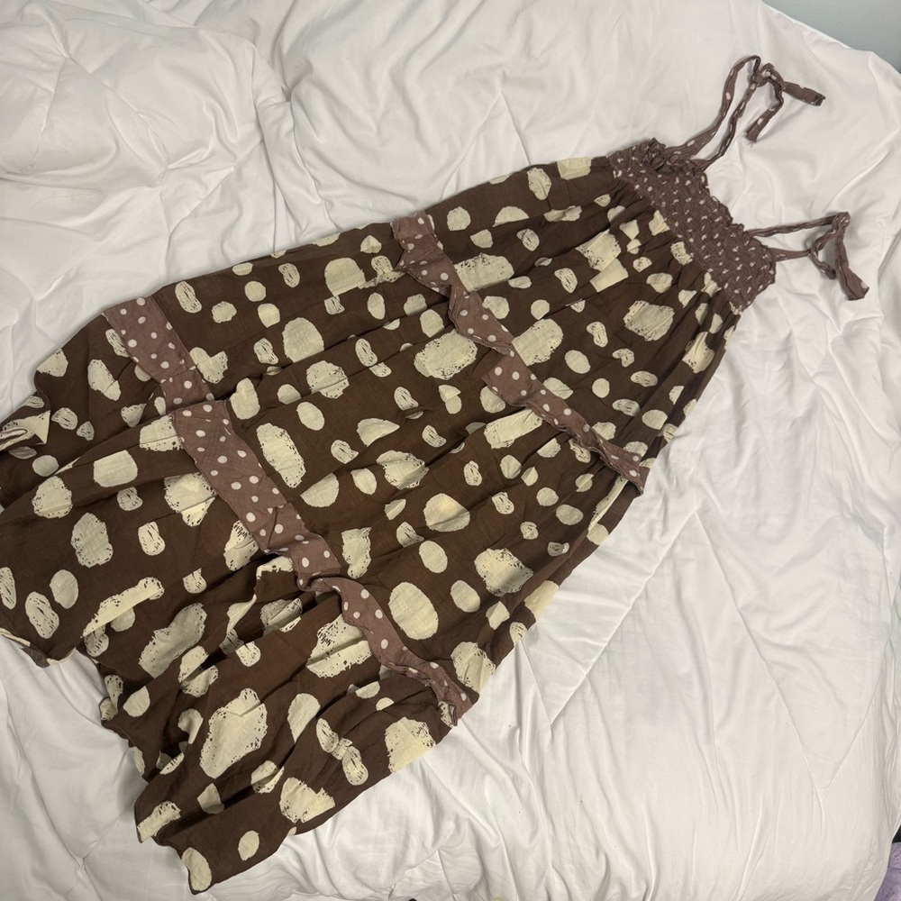 Bucket List Brown Smocked Midi Dress Polka Dot Boho Tiered Women’s S/M